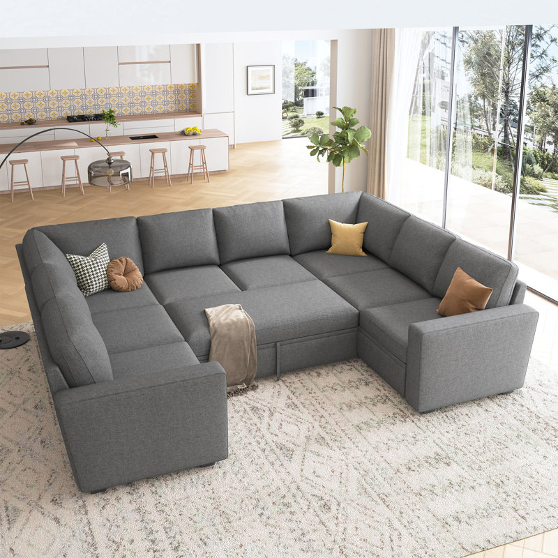 Niyona U-Shaped Modular Sofa Bed Convertible Sleeper Sectional, Gray Polyester