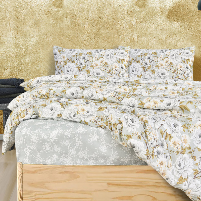 Polyester Bedding, Green Floral, Double Duvet Cover Set + 2 Pillowcases
