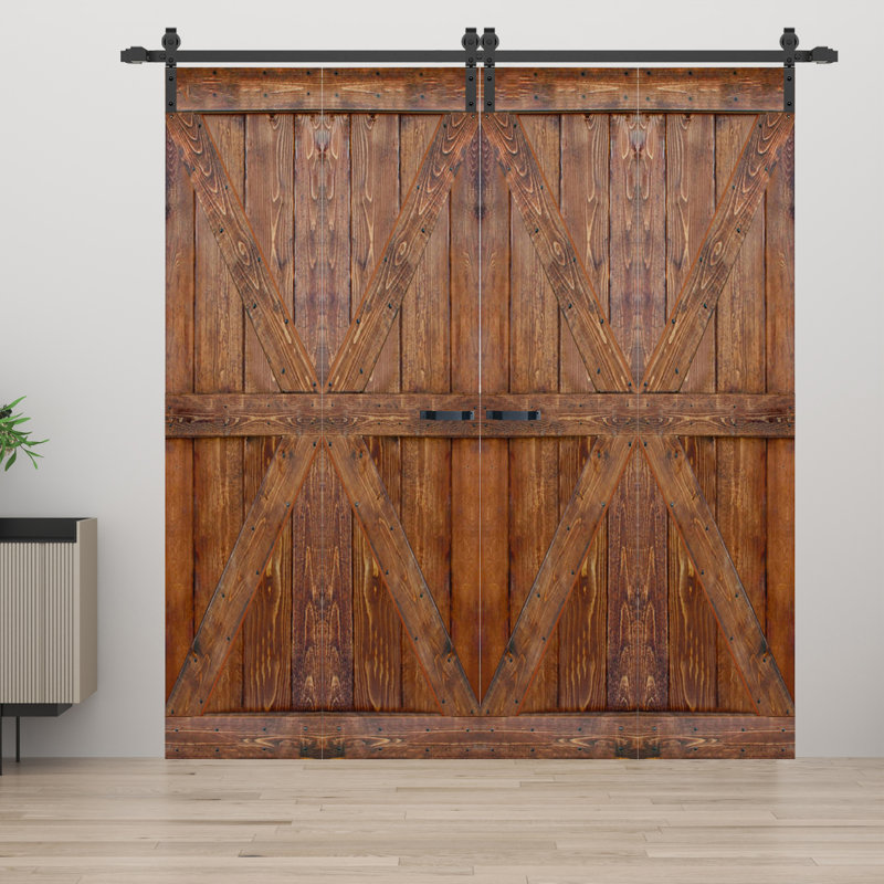 Porte de grange double pliante en bois massif de style K avec ensemble de quincaillerie - Assemblage requis, Noyer classique