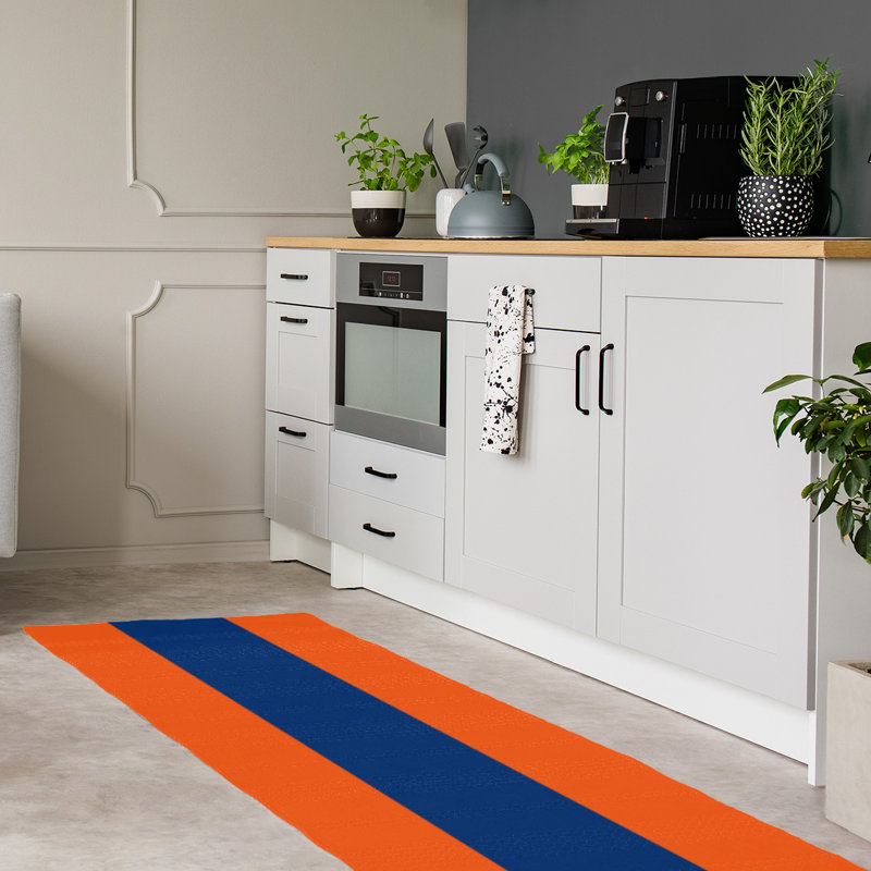 Tapis orange / bleu tissé à plat New York, Tapis de couloir 2 pi 6 po x 8 pi