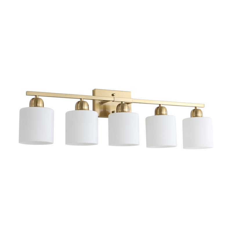 Luminaires de salle de bain dorés, miroir de coiffeuse moderne 5 lumières, appliques murales avec abat-jour en verre givré blanc laiteux