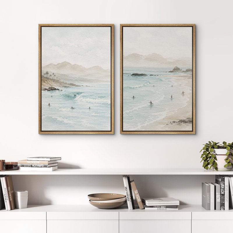 "Minimal Coastal Ocean Wave", ensemble de 2 reproductions d'art sur toile encadrées, 36" H x 24" W x 1.5" D, Natural