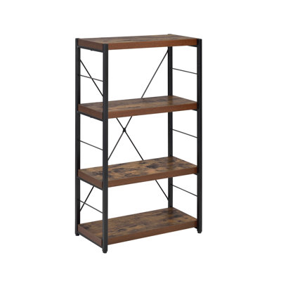 3 4-Shelf Bookshelf In Weathered Oak And Black, Compact Storage For Bedroom Linens Black Finish Metal Legged With Top, 3 Levels Of 4 Shelves