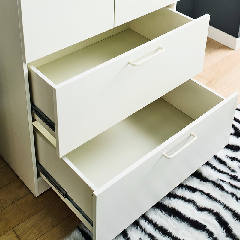 Armoire blanche à deux portes avec deux tiroirs et barres de suspension - option de fermeture en douceur, espace de rangement extra large, fabrication d'eau et de chaleur, extérieur anti-taches, panneau de classement E0, 2 fois plus épais, fabriqué en