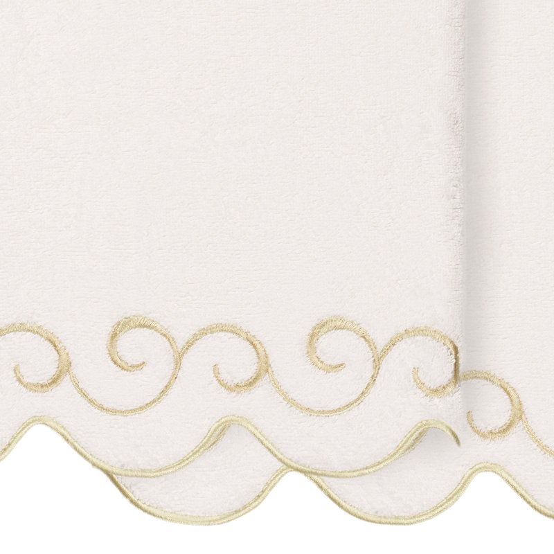  100% Turkish Cotton SIMPLICITY Scallop 2PC Embellished Bath Towel Set, White/Beige, Bath Towel - 2 Pack
