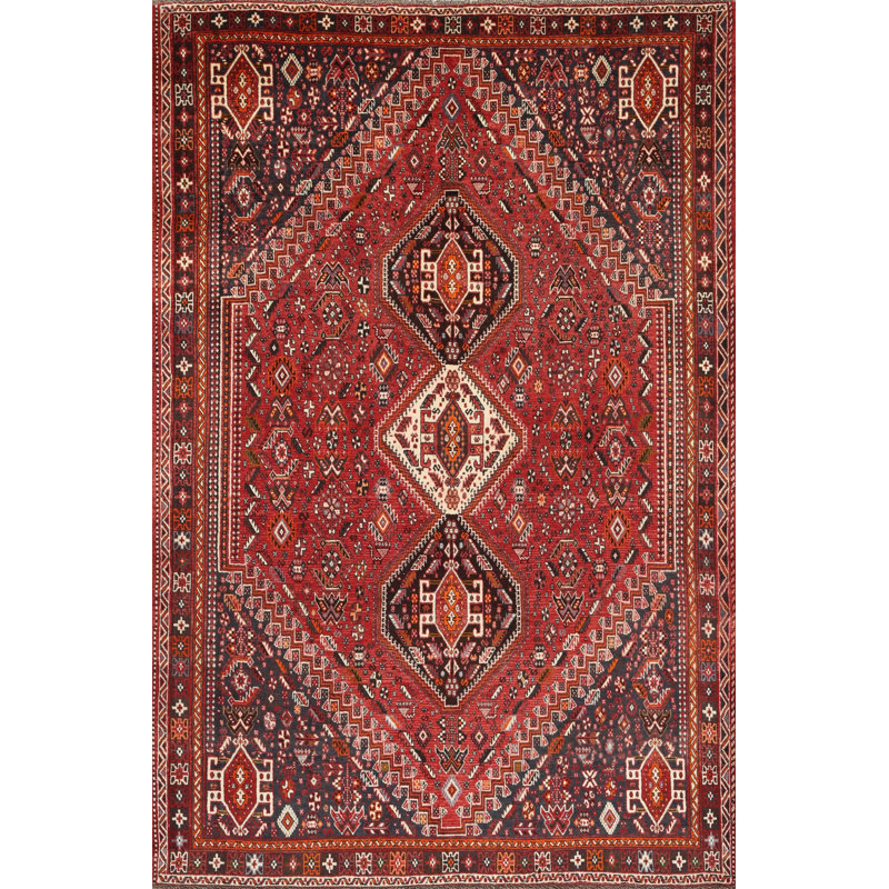 Tapis traditionnel rouge / beige / noir, Rectangle 5 pi x 7 pi