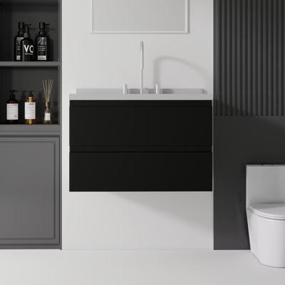 Meuble-lavabo suspendu de 76 cm (30 po) avec lavabo en céramique, comptoir et dosseret en marbre reconstitué, armoire en contreplaqué, tiroirs à fermeture amortie, noir