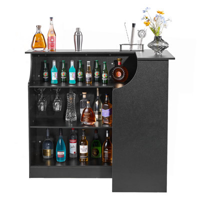 Unité de bar pour la maison, table de bar à vin en L à 4 niveaux avec tablettes de rangement, porte-verres à vin, capacité maximale de 300 lb, armoire à boissons en bois pour la maison, la cuisine, le salon, le pub, le sous-sol, noir