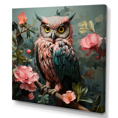 «Pink and gren Owl in Matisse Style III», art mural encadré hibou