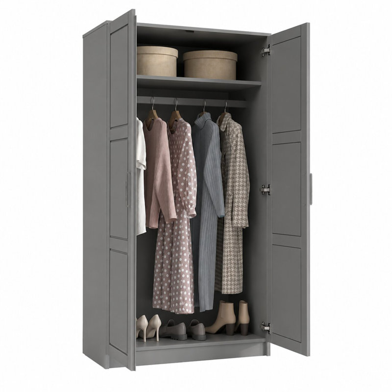 Armoire-penderie 100% bois massif à 2 portes, armoire de rangement autoportante pour chambre à coucher avec tringle et tablettes réglables
