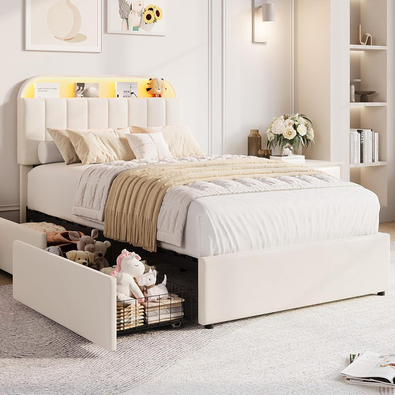 Structure de lit tapissier en velours avec tête de lit réglable, Twin, Beige