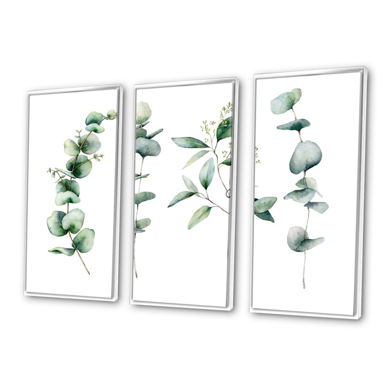 Green Eucalyptus Branches I - 3 pièces, peinture sur toile à cadre flottant, H 20 po x l 36 po, Blanc