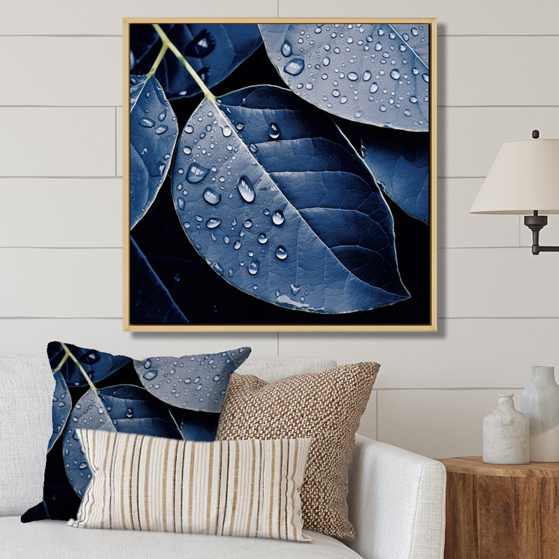 «Blue Indigo Leaves Harmony» - art mural feuilles, Cadre naturel flottant, H 16 po x l 16 po x P 1 po