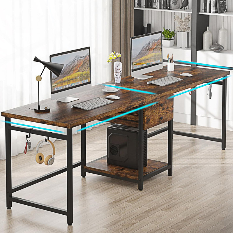 Bureau d'ordinateur pour deux personnes avec tiroirs et tablettes de rangement, table de travail double extra longue avec crochets