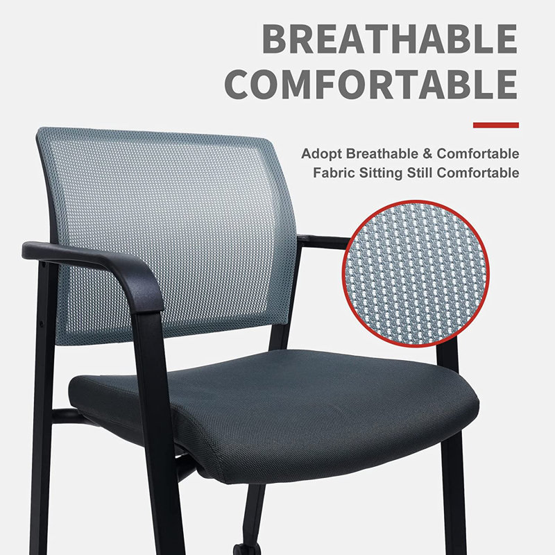  Mesh Back Stacking Chair with Upholstered Fabric and Lumber Support (With Wheels 2 Pack), Grey