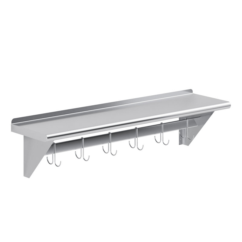 12 in. x 48 in. Stainless Steel Wall Mounted Pot Rack with Shelf and 6 Double Sided Hooks