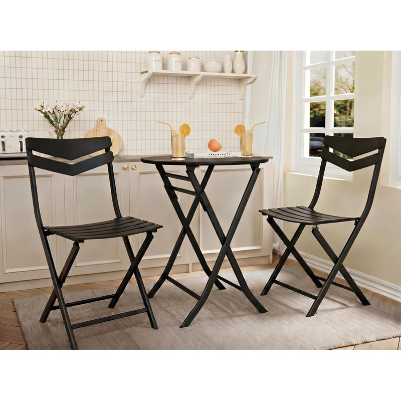 3-Piece Collapsible Patio Bistro Set, Weatherproof Metal Frame Garden Table & 2 Chairs with Stylish Slats & Non-Slip Feet, Space-Saving Outdoor Furniture