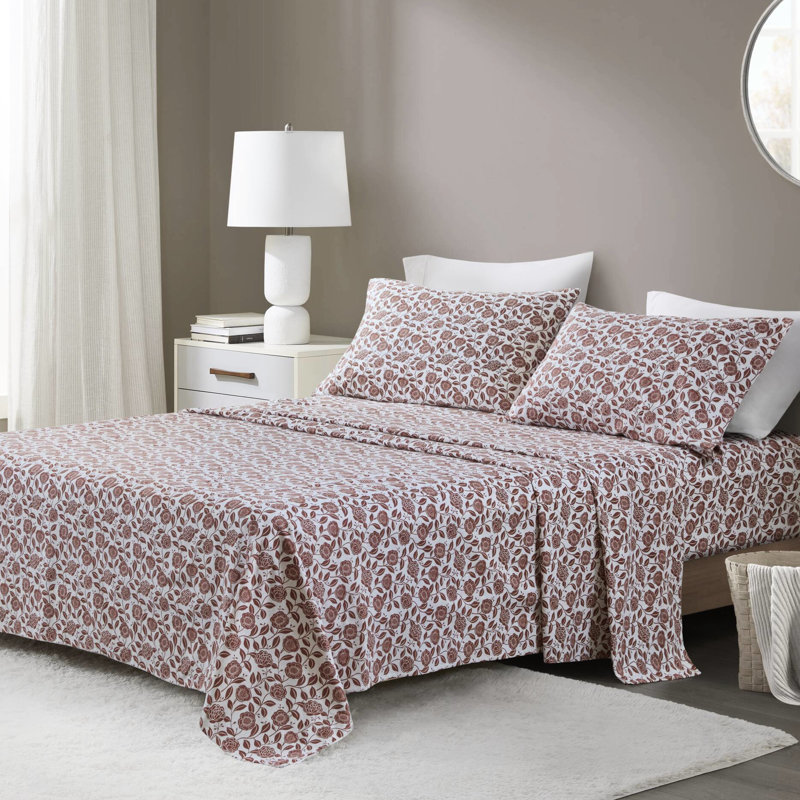 Très grand motif floral rouille, 100% flanelle de coton, grande taille pour matelas de 18 po, douceur du coton brossé, coupe ajustée élastique, confort à long terme pré-rétréci, drap plat et 2