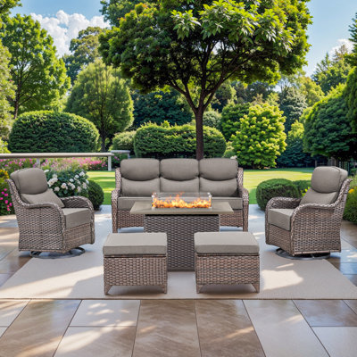 High Back Outdoor Furniture With 6-Inch Extra Thick Cushions, Patio Furniture Set With Fire Pit Table & Swivel Chairs, 6 PCS Wicker Conversation Set For Yard, Deck, Poolside