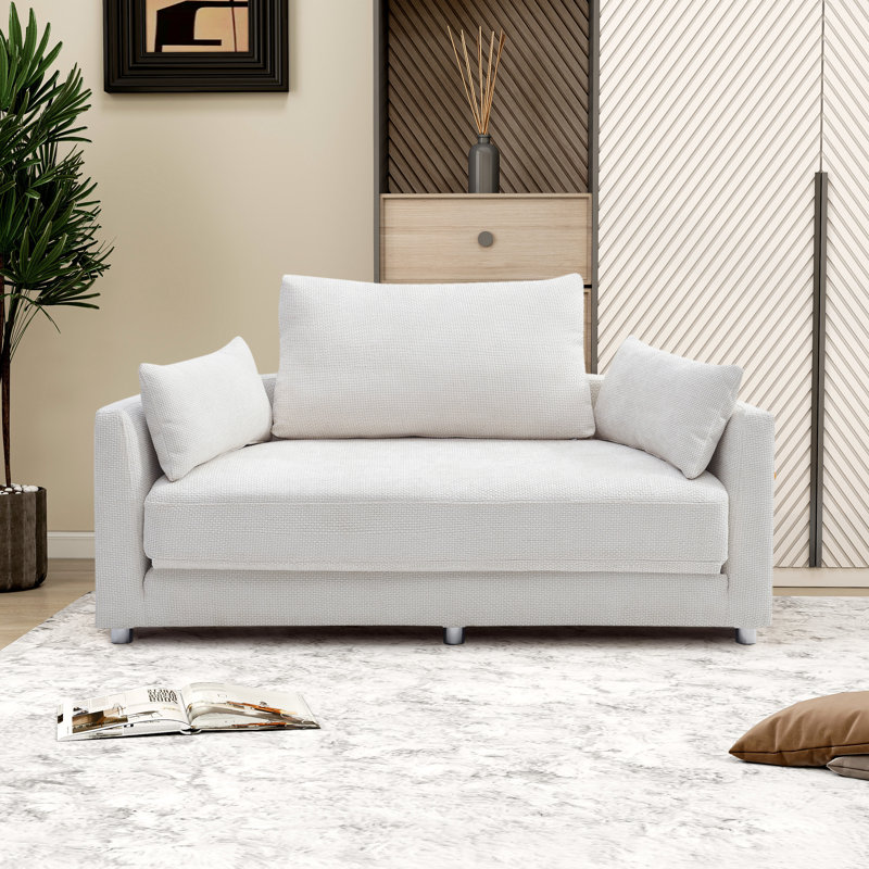 Upholstered Foldable Sleeper Sofa Bed, Beige Linen