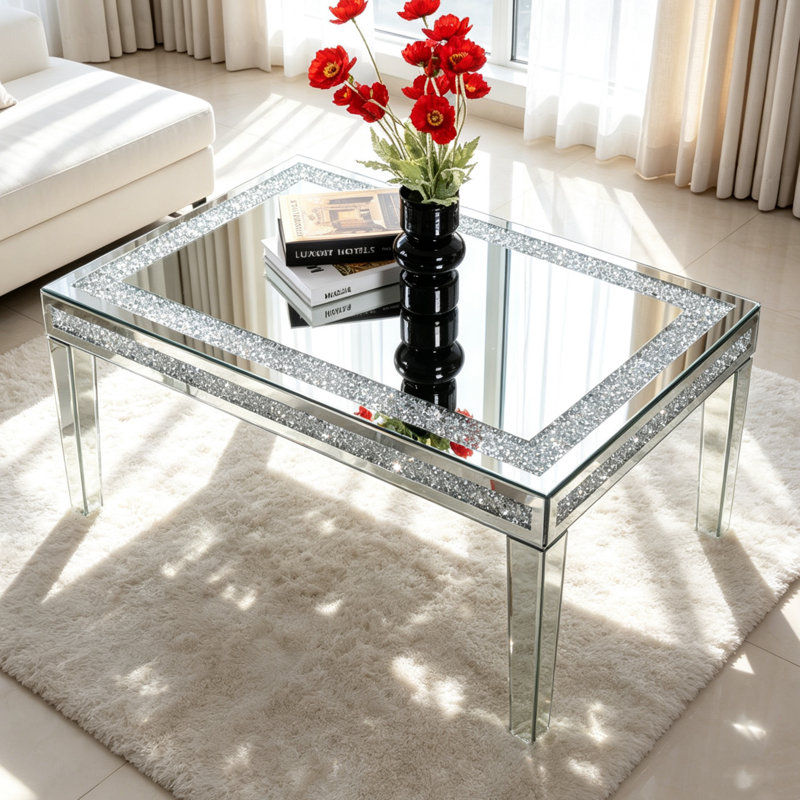  Glass Coffee Table Diamonds Mirrored Top Center Table 60x90cm