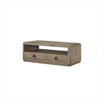 Cocktail table with clear oak veneer, two drawers, and open shelf for living room storage