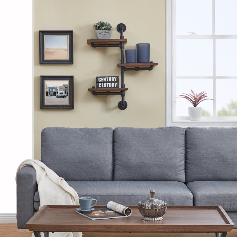 Helbert 3 Tier Staggered Rustic Inductrial Pipe Wall Shelf
