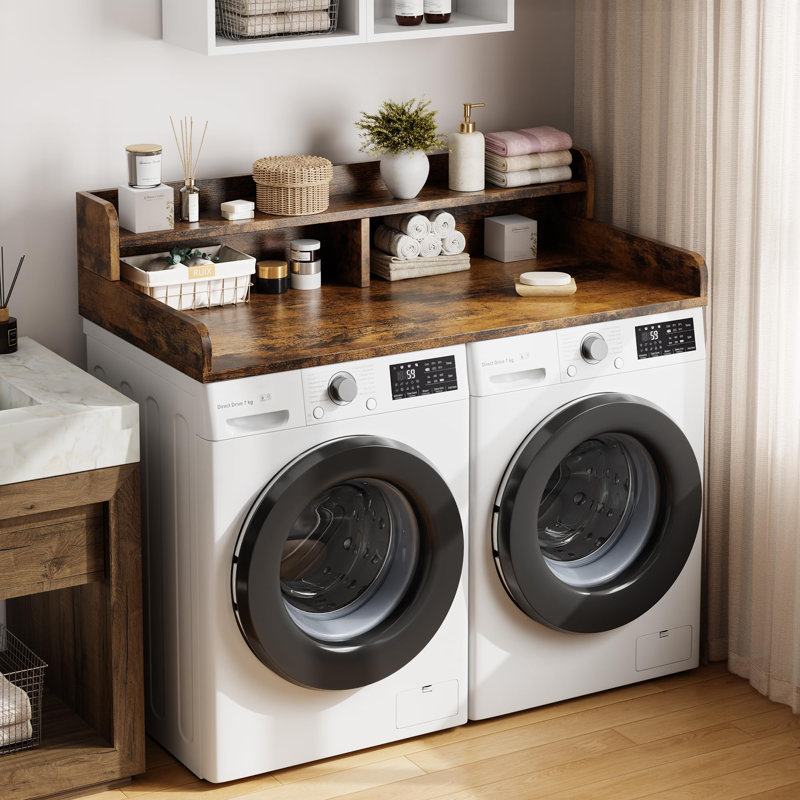 Wooden Washer Dryer Countertop 54 Inch with 2 Tier Shelf, Non Slip Mat and Safety Guard Rails for Laundry Room Storage Organization