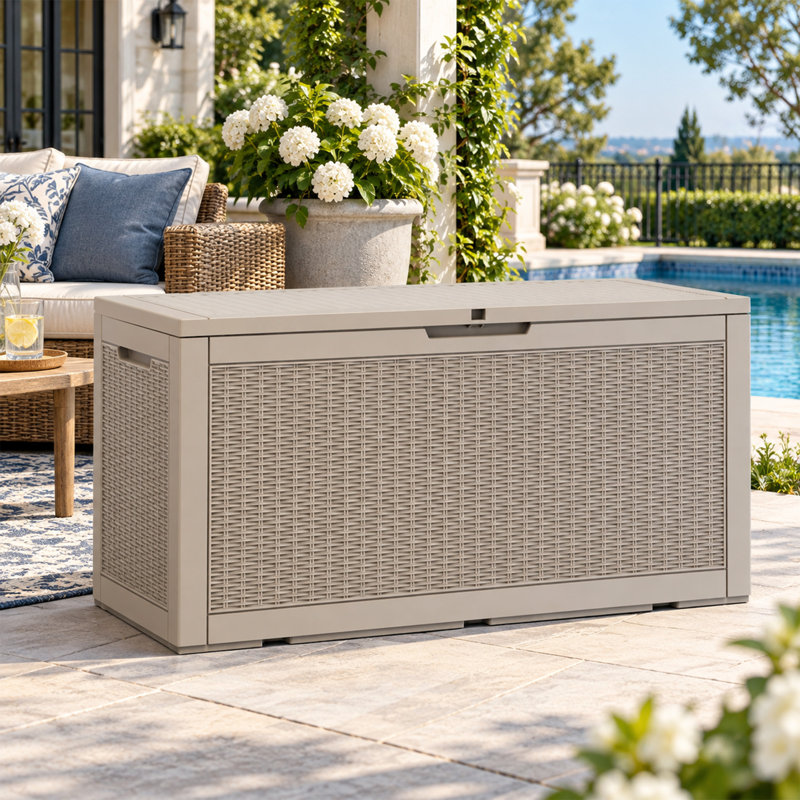 Boîte de rangement extérieure 120 gallons, boîte de rangement en résine imperméable et verrouillable avec siège, Gris