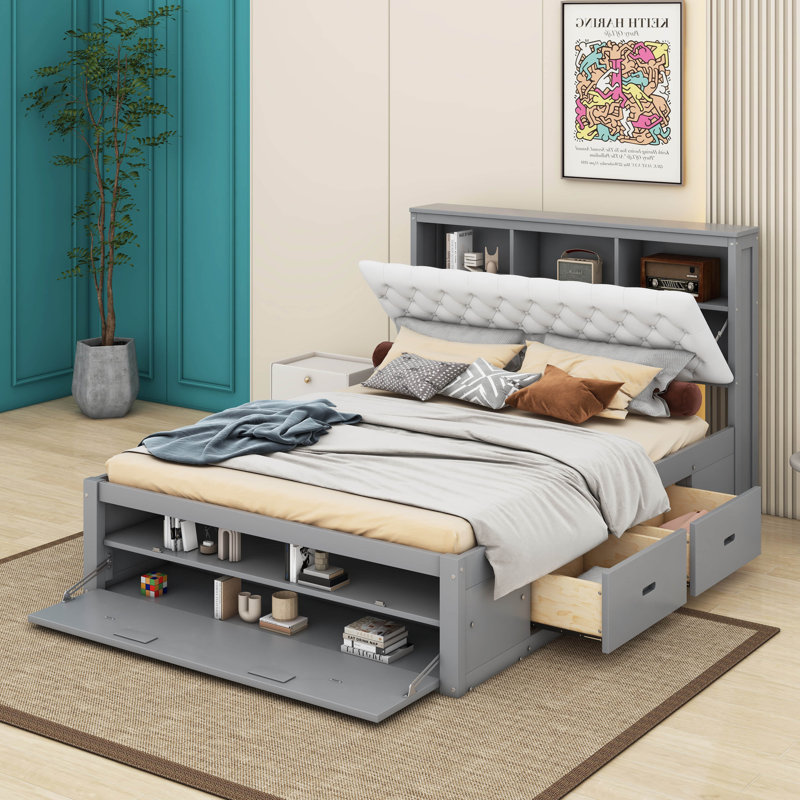 Upholstered Platform Storage Bed, Gray