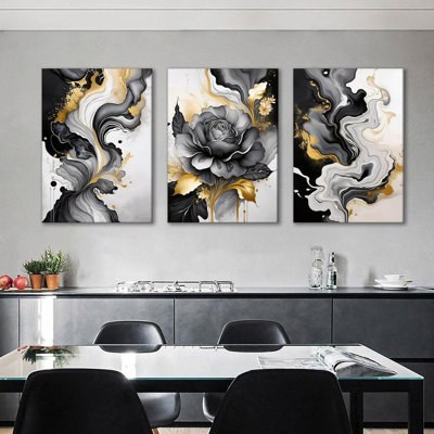 3Pcs Black And Gold Abstract Canvas Wall Art Modern Black Grey And Gold Marble Wall Decor Pictures Minimalist Foil Fluid Texture Posters Prints For Living Room Bedroom Office Home Decoration