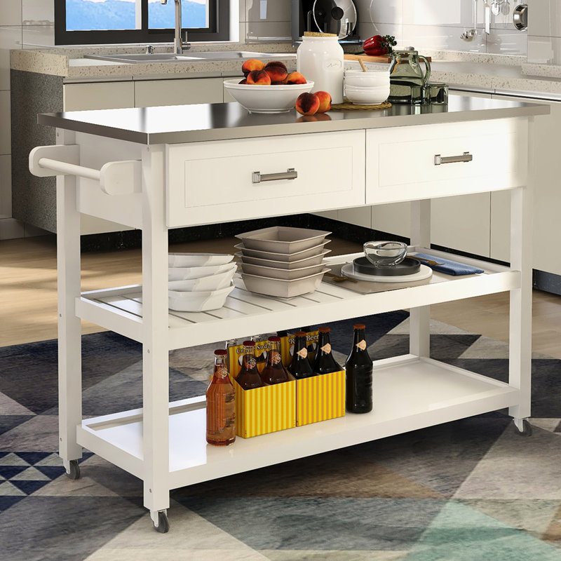 Chariot de cuisine en acier inoxydable avec plateau en blanc - 2 tiroirs pour un chariot de rangement optimal, deux zones de cuisson organisées