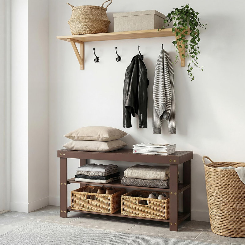 3 Tier Shoe Rack for Entryway, 3 Tier Outdoor Bamboo Shoe Rack with Bench, Front Door Bench, Brown