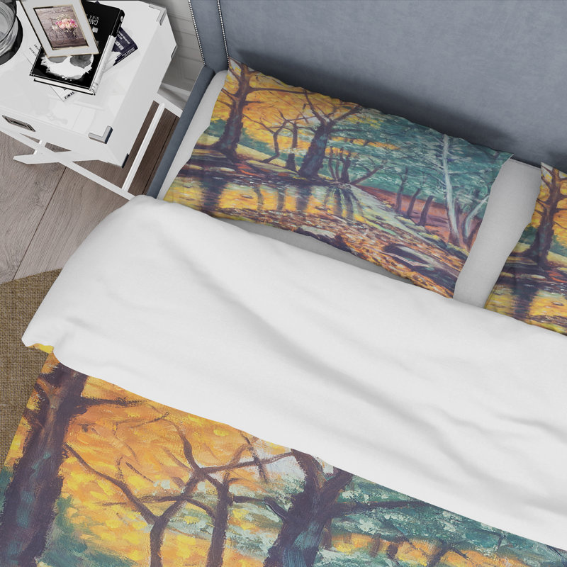 Landscape With River In Autumn Forest Sunset - Ensemble de housse de couette traditionnel - Microfibre de polyester