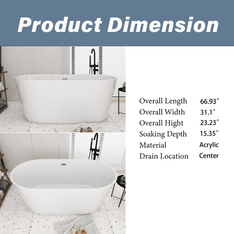 67'' X 31'' Acrylic Freestanding Soaking Bathtub, Glossy White