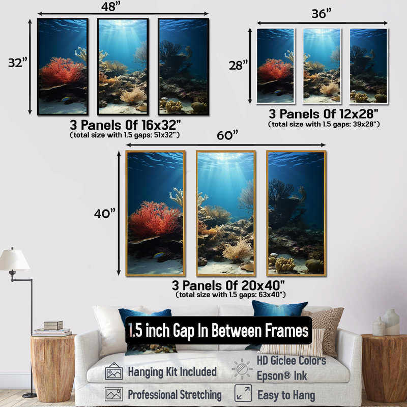 «Coral Underwater Paradise» - ensemble d'art mural en toile corail sous l'eau, Cadre flottant doré