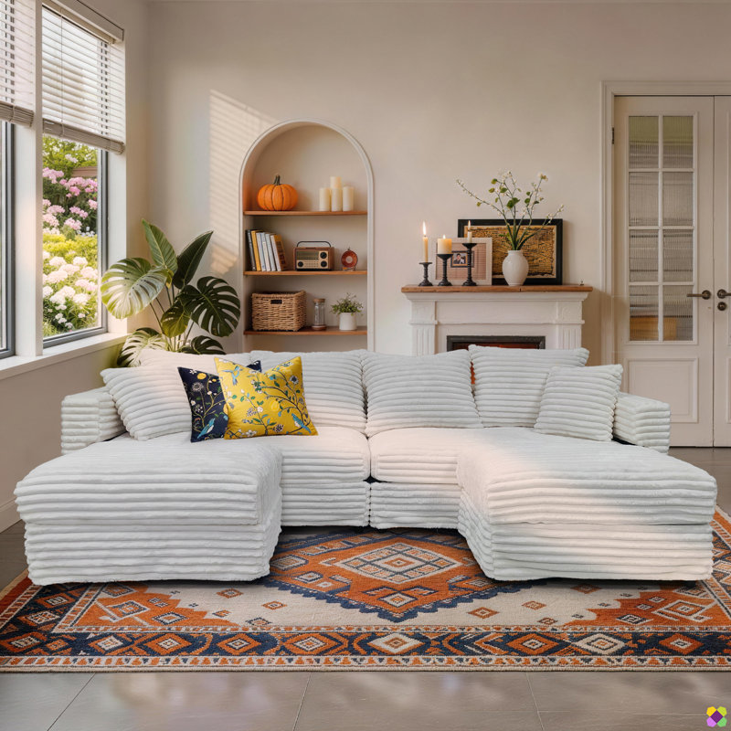 Gus 102.4"W 6 Seaters Convertible LAF RAF U-shape Corduroy Sectional, 2 Ottomans, Beige Plush Corduroy Fabric