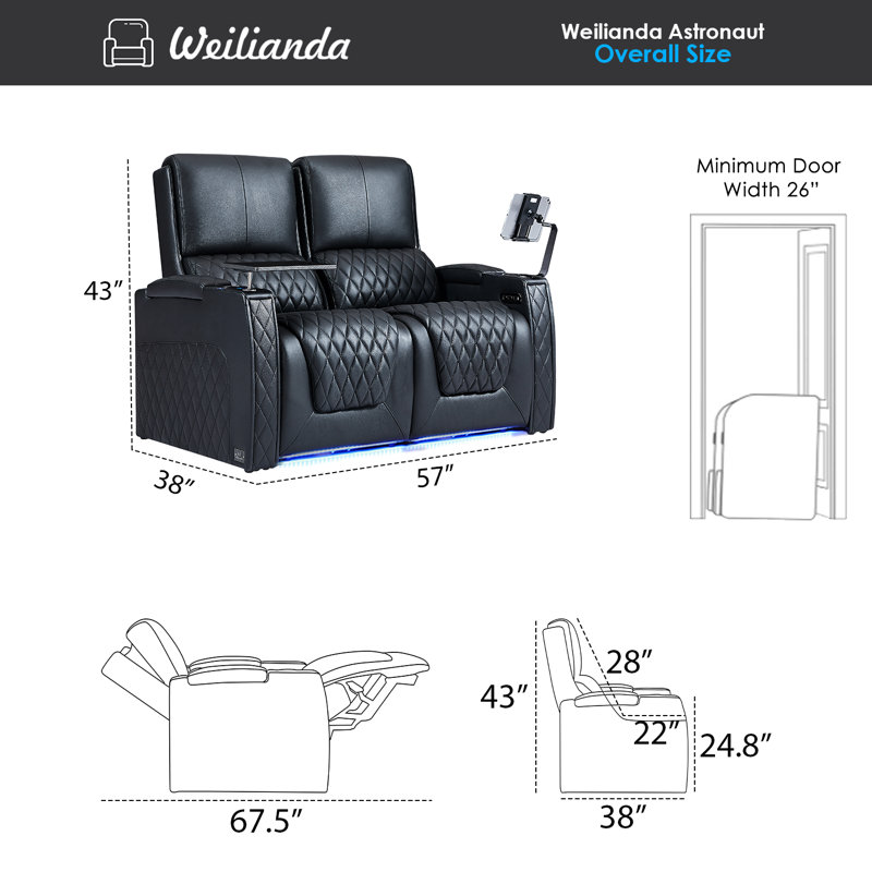 Haiylee Zero Gravity Home Theater Seating Top Grain Leather Recliner Sofa Power Headrest Footrest, Black Genuine Leather