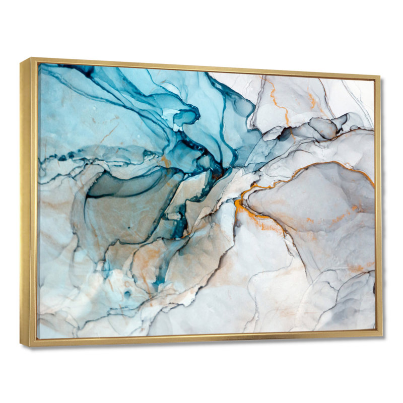 Luxry Blue and Grey Marble Art Ripples - impression sur toile, H 8 po x l 12 po, Reproduction avec cadre flottant, Doré