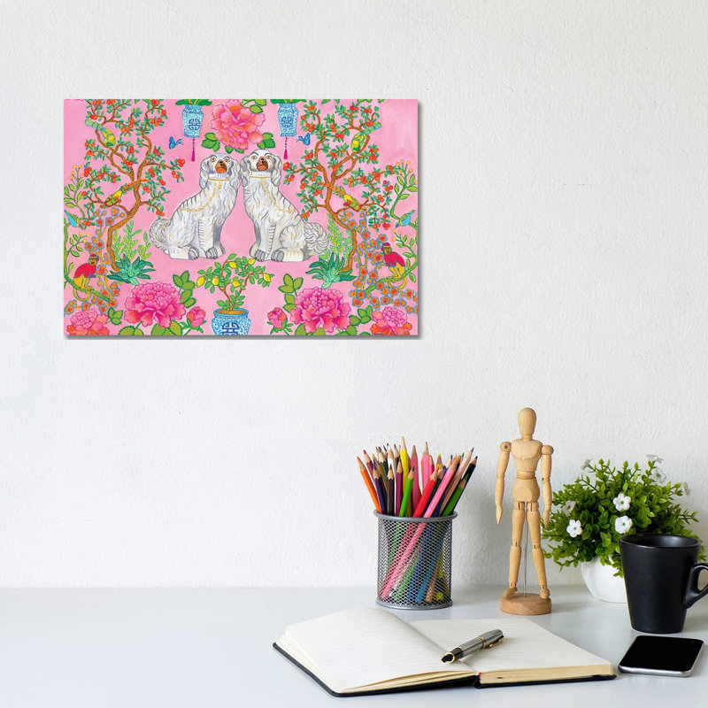Staffordshire Dogs Chinoiserie en rose, giclée sur toile tendue avec châssis