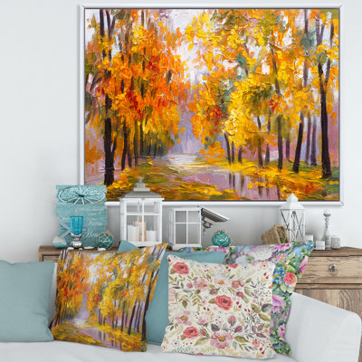 Forêt pleine de feuilles tombées en automne - peinture sur toile