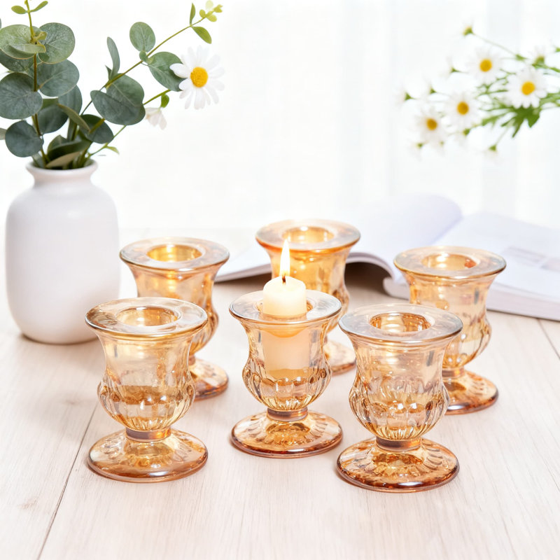 Set Of 6 Glass Taper Candle Holders, Crystal Candlestick Holders For Wedding Centerpiece, Christmas, Thanksgiving, And Party Table Decorations