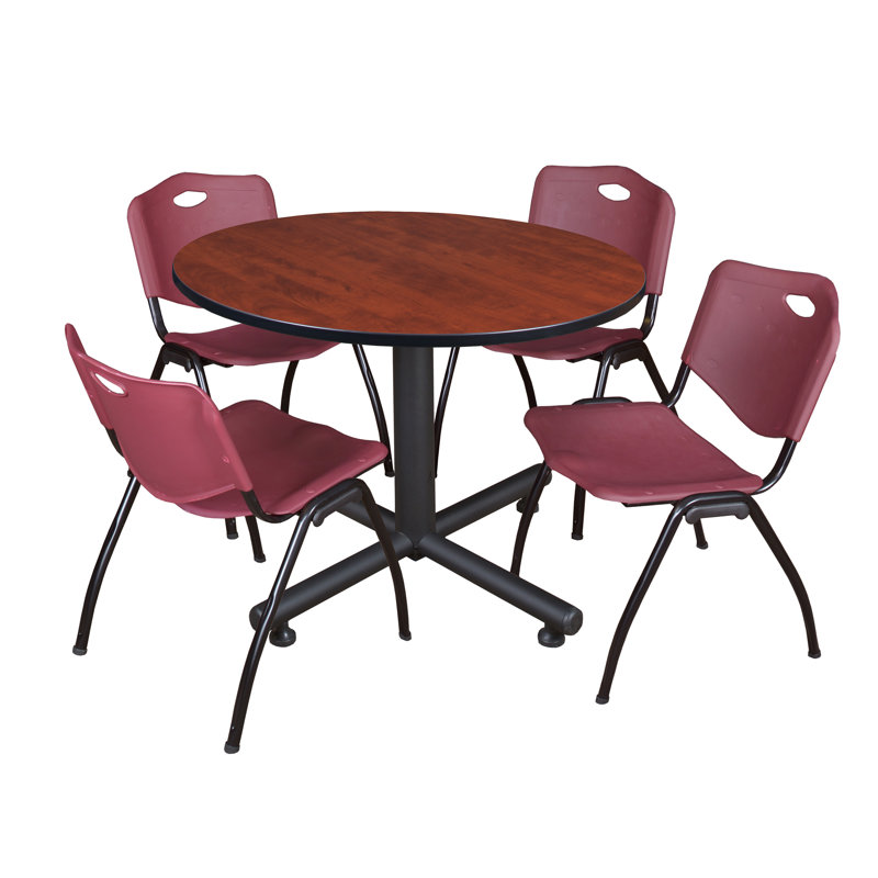 Kobe Round Breakroom Table, 4 M Stack Chairs, Cherry, Burgundy