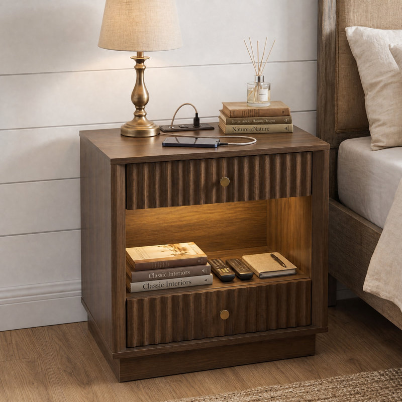 Table de chevet de 60,5 cm de large avec 2 tiroirs, lumière DEL et tablette ouverte, et station de recharge intégrée., Brown