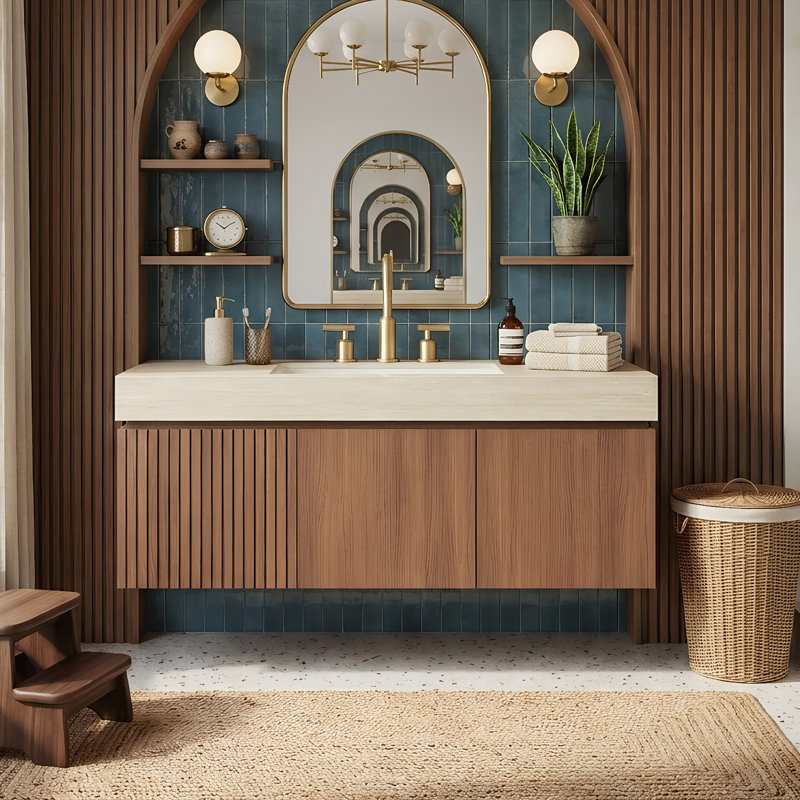 Meuble-lavabo moderne flottant avec comptoir en pierre frittée et évier en céramique Roma, armoire de rangement en contreplaqué (30 po / 36 po / 48 po)