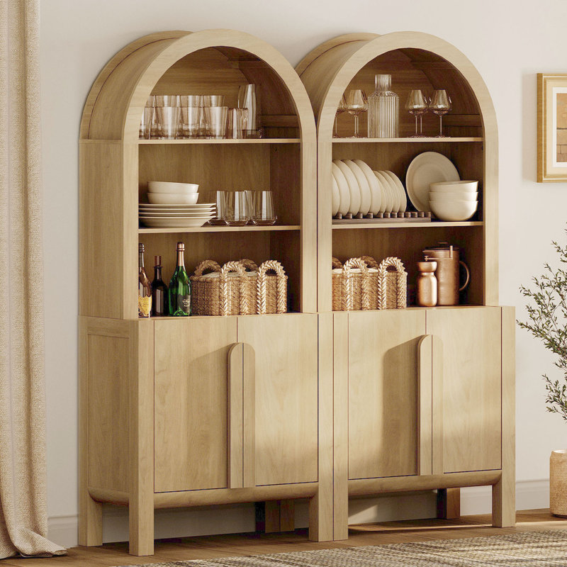 Ensemble de 2 garde-manger arqués de 71 po de hauteur, ensemble de 2 présentoirs en bois avec portes et tablettes réglables, armoire Mid-Century moderne et polyvalente pour la salle à manger, la chambre à coucher