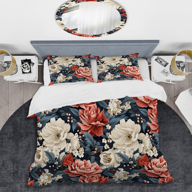 Ensemble de housse de couette à motif floral beige et rouge clair, Housse de couette pour grand lit et 2 taies décor