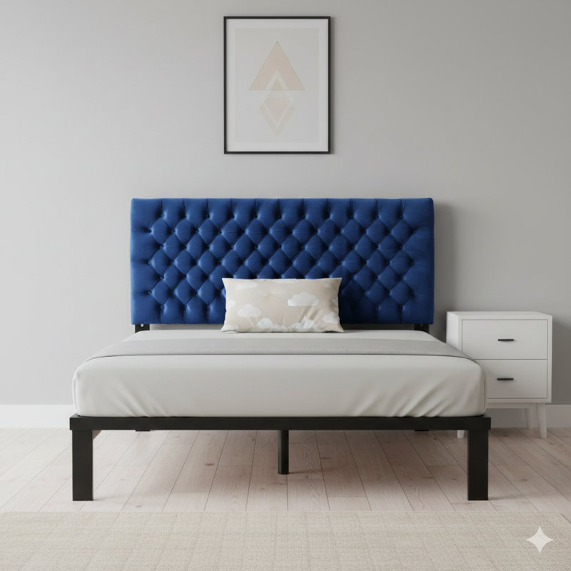 Tufted Upholstered Queen Size Bed Headboard In A Modern Button Design, An Adjustable Solid Wood Head Board, Mounted On Durable Metal Legs For The Bedroom.