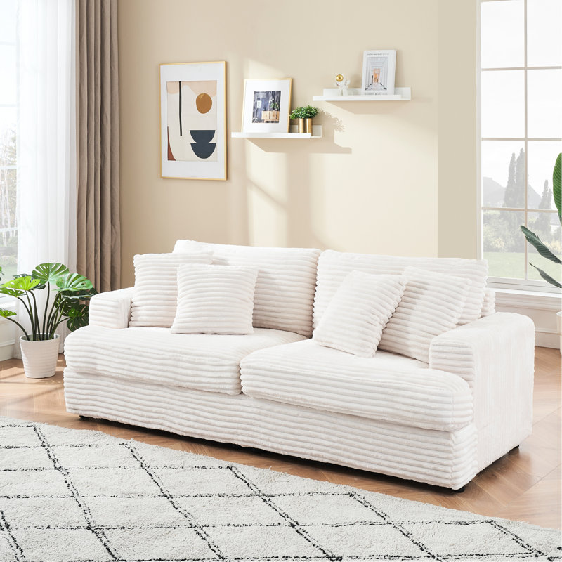 Velours côtelé avec 4 coussins assortis, grand canapé 3 places pour le salon, blanc, moderne et confortable, Blanc