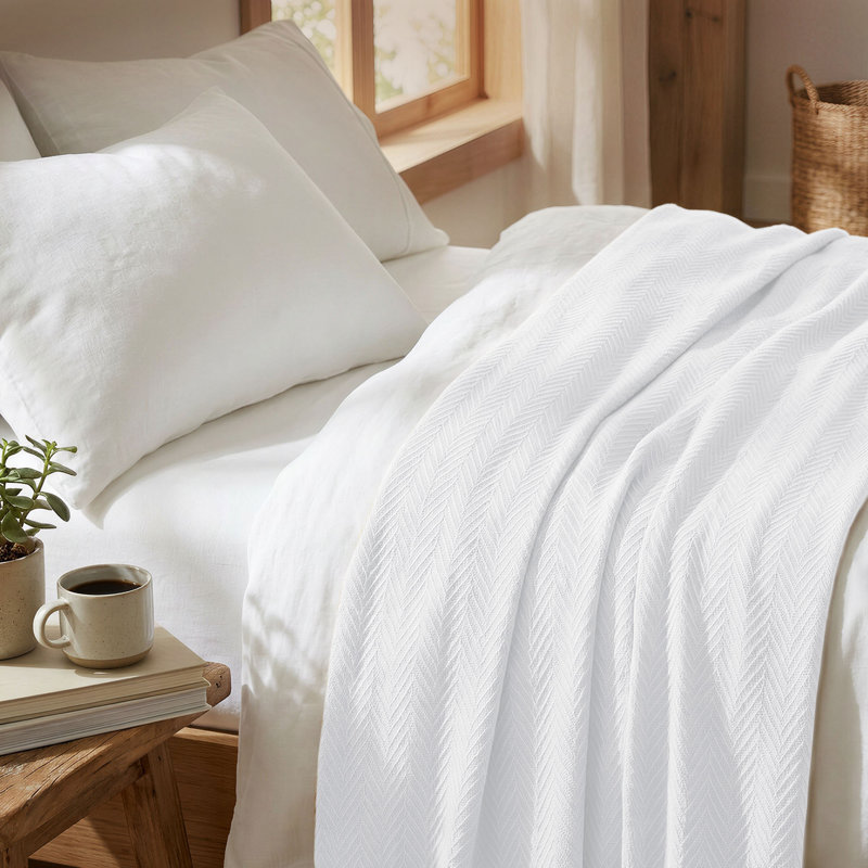 Couverture 100% coton à chevrons Threadmill, Queen (90" x 92"), White